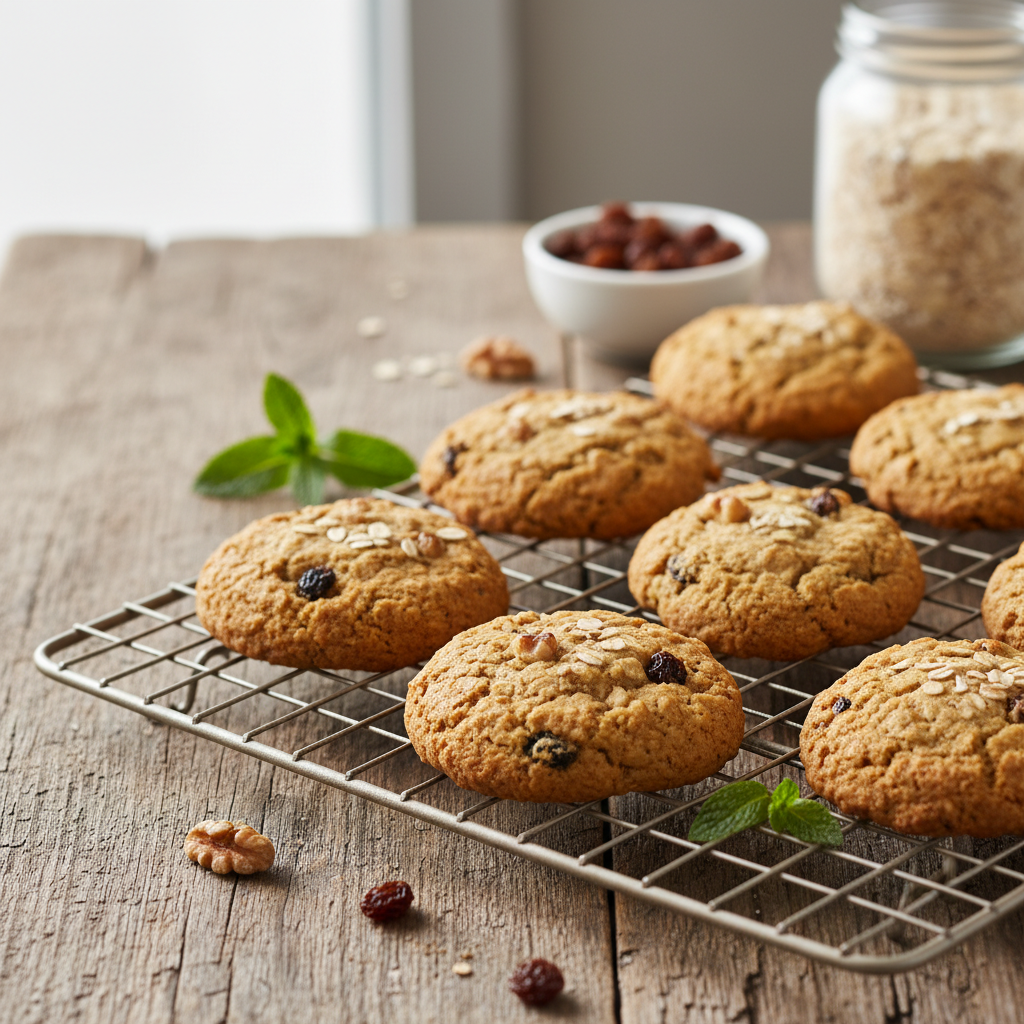 Naminiai avižiniai sausainiai be cukraus ant medinio stalo